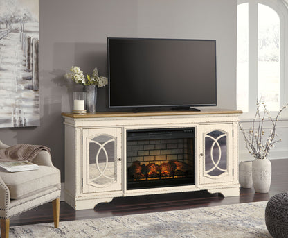 Realyn - Chipped White - 2 Pc. - 74" TV Stand with Electric Infrared Fireplace Insert - Hornell Furniture Outlet