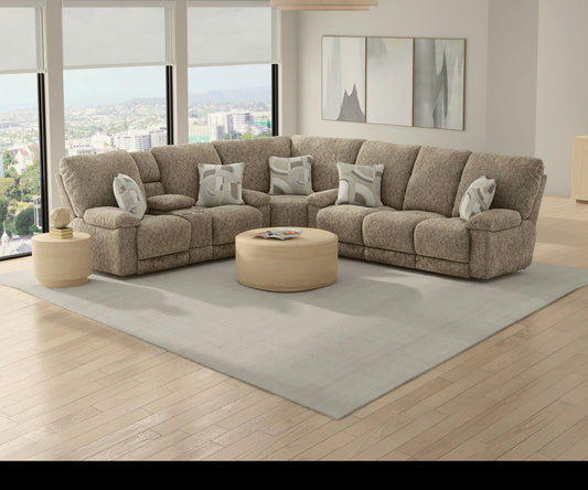 Beacon - Lay Flat Triple Recliner With DropDown Table / Storage Arm / Extended Ottoman - Mushroom - Hornell Furniture Outlet