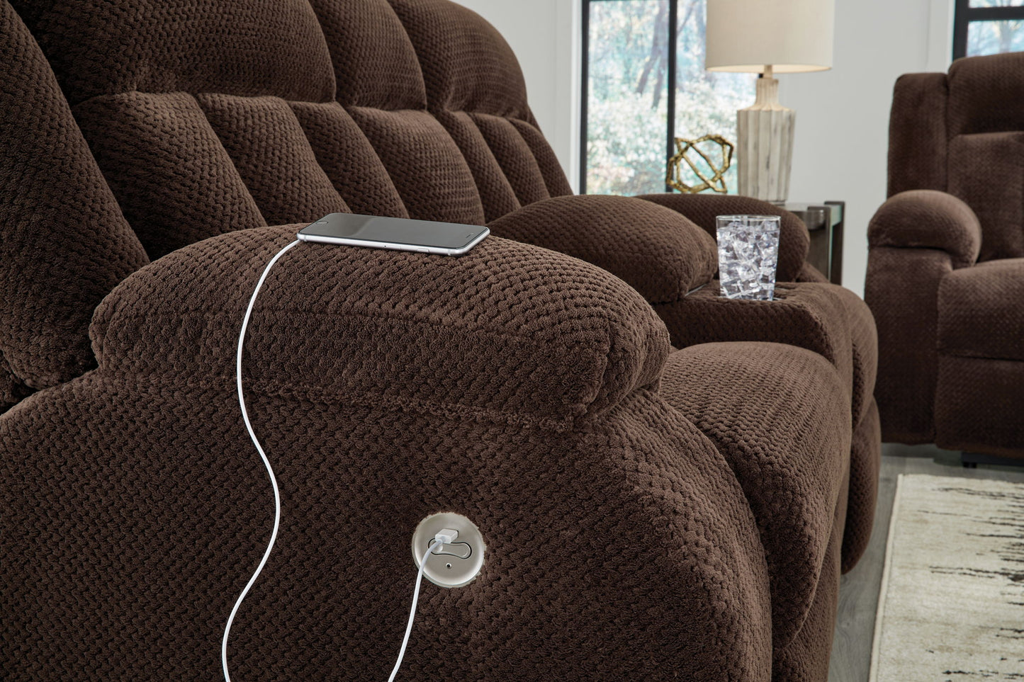 Free Wake - Chocolate - Double Relcining Power Loveseat With Console - Hornell Furniture Outlet