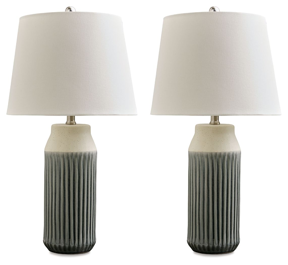 Afener - Blue / Beige - Ceramic Table Lamp (Set of 2) - Hornell Furniture Outlet