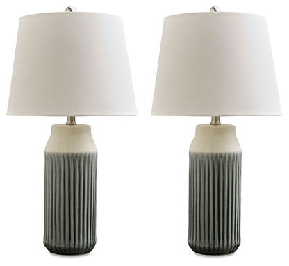 Afener - Blue / Beige - Ceramic Table Lamp (Set of 2) - Hornell Furniture Outlet