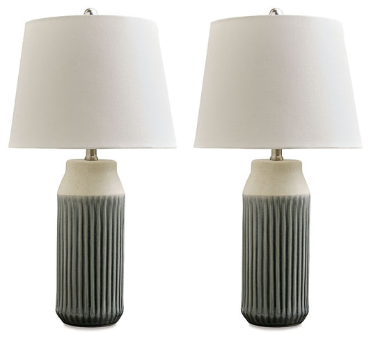 Afener - Blue / Beige - Ceramic Table Lamp (Set of 2) - Hornell Furniture Outlet