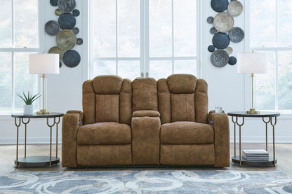 Wolfridge - Brindle - Power Reclining Loveseat With Console /Adj Hdrst - Hornell Furniture Outlet