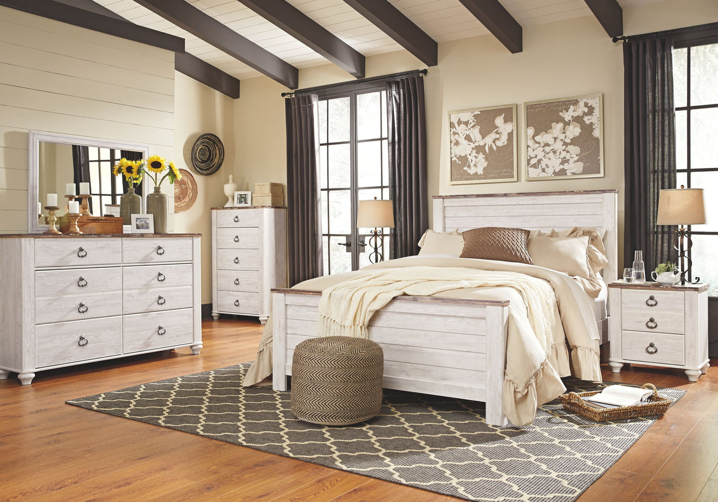 Willowton - Brown / Beige / White - Two Drawer Night Stand - Hornell Furniture Outlet