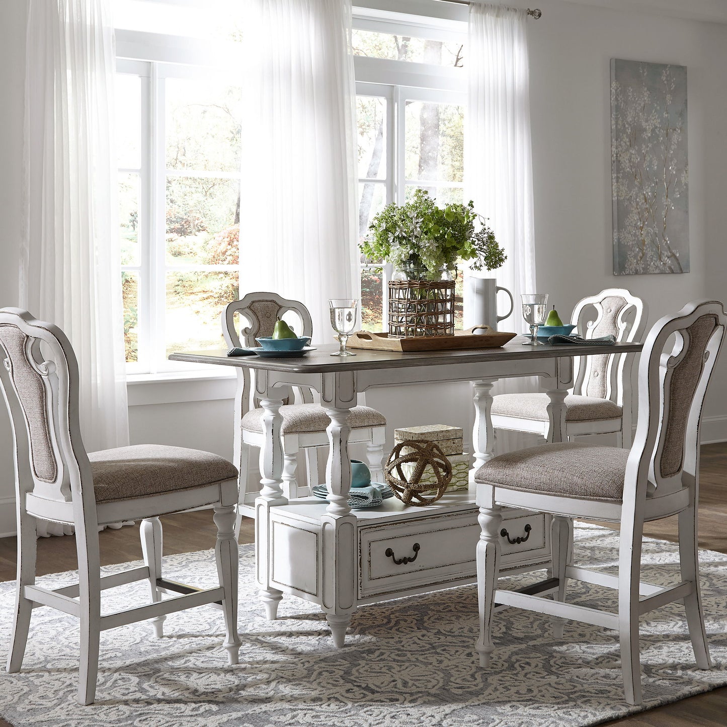 Magnolia Manor - 5 Piece Gathering Table Set - Upholstered Chairs - White - Hornell Furniture Outlet