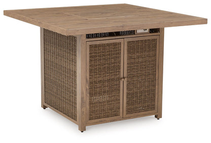 Walton Bridge - 5 Pc. - Square Bar Table W/Fire Pit, 4 Barstools - Driftwood - Hornell Furniture Outlet