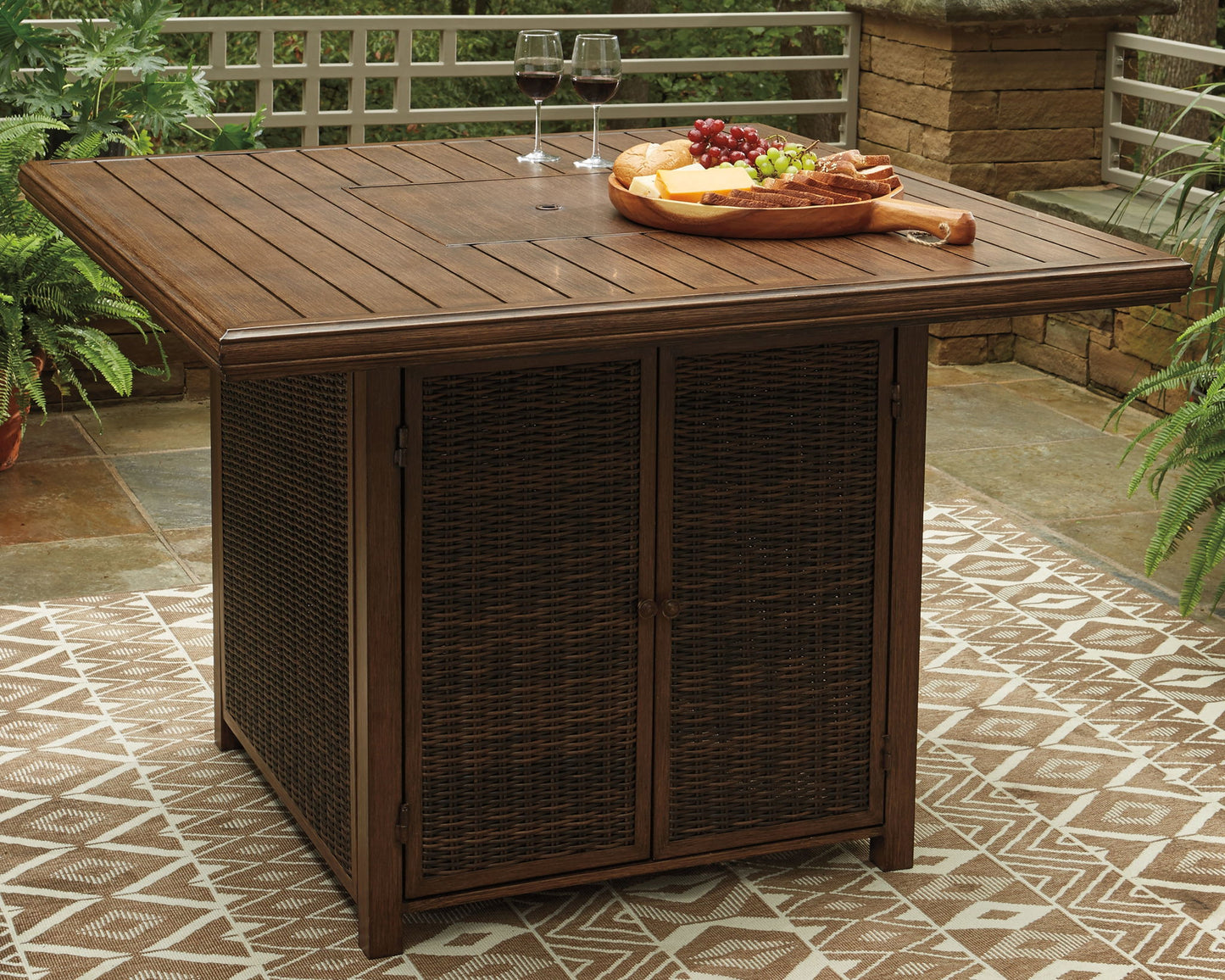 Paradise Trail - Square Bar Table w/Fire Pit - Medium Brown - Hornell Furniture Outlet