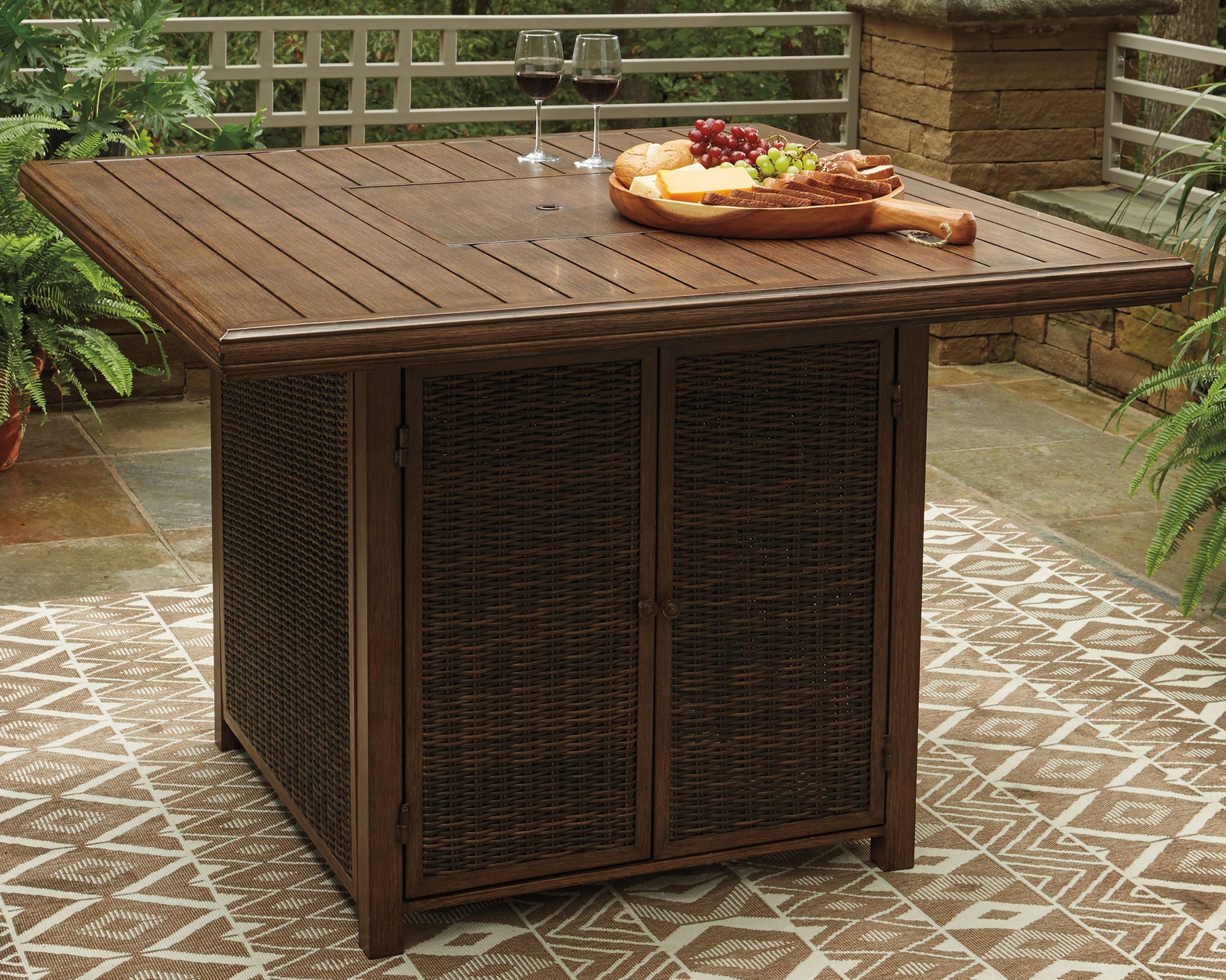 Paradise Trail - Square Bar Table w/Fire Pit - Medium Brown - Hornell Furniture Outlet