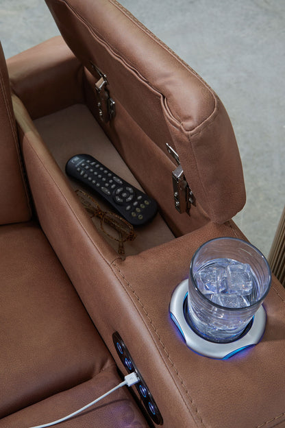 Clean - Slate - Caramel - Power Reclining Sofa / Adj Headrest - Hornell Furniture Outlet
