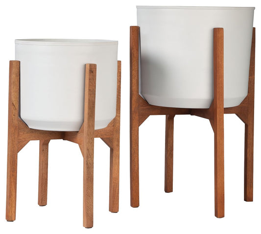Dorcey - White / Brown - Planter Set (Set of 2) - Hornell Furniture Outlet