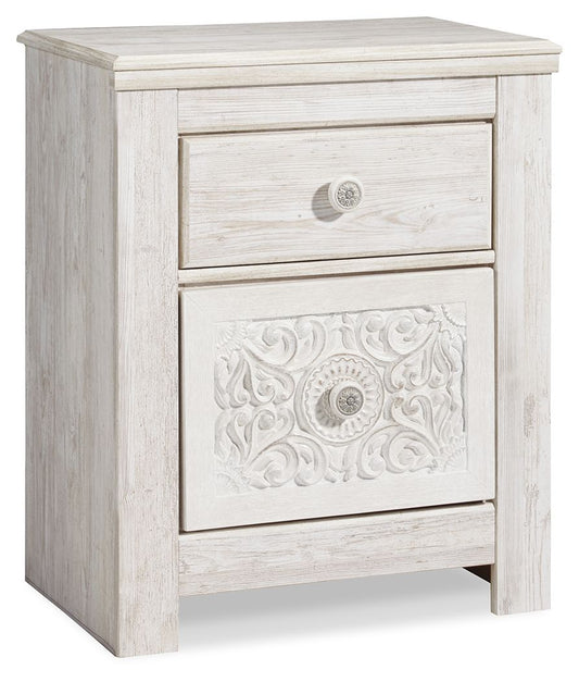 Paxberry - Two Drawer Night Stand - Whitewash - Hornell Furniture Outlet