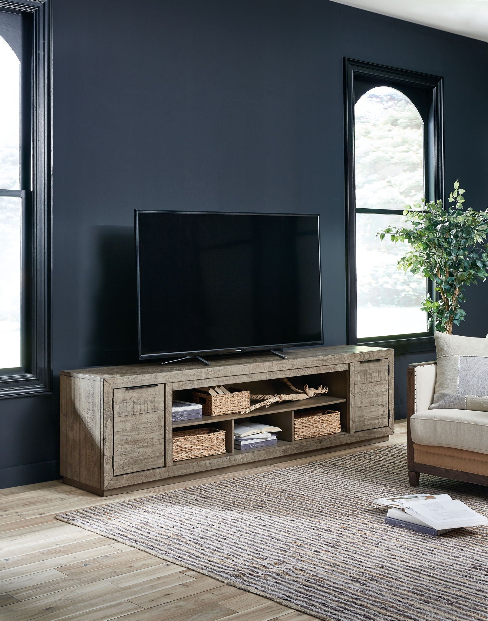 Krystanza - Weathered Gray - XL TV Stand w/Fireplace Option - Hornell Furniture Outlet