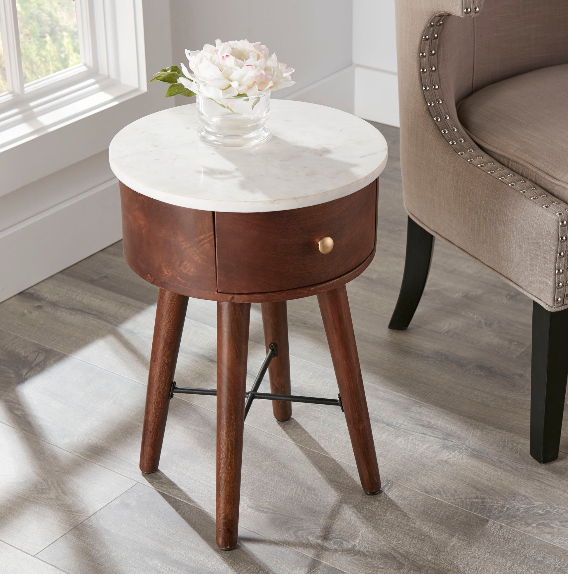 Bangalore - White Marble Top Round End Table - White - Hornell Furniture Outlet