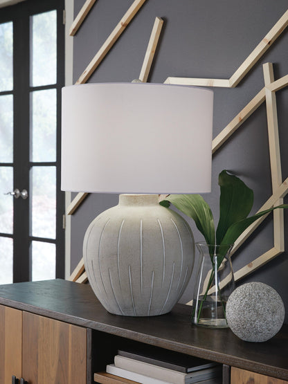 Calbert - Poly Table Lamp - Warm Gray - Hornell Furniture Outlet