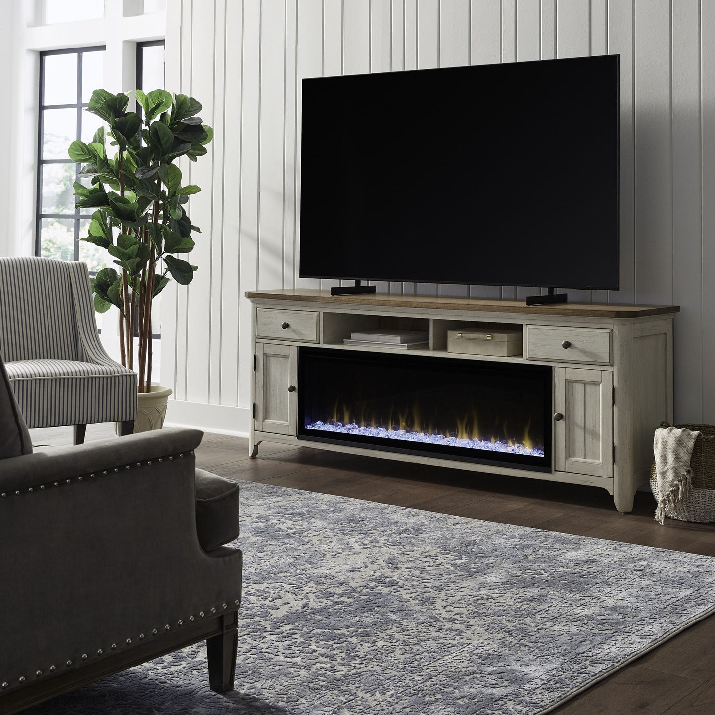 Fireplace TV Consoles - 79" Console With Fire - Medium Brown - Hornell Furniture Outlet