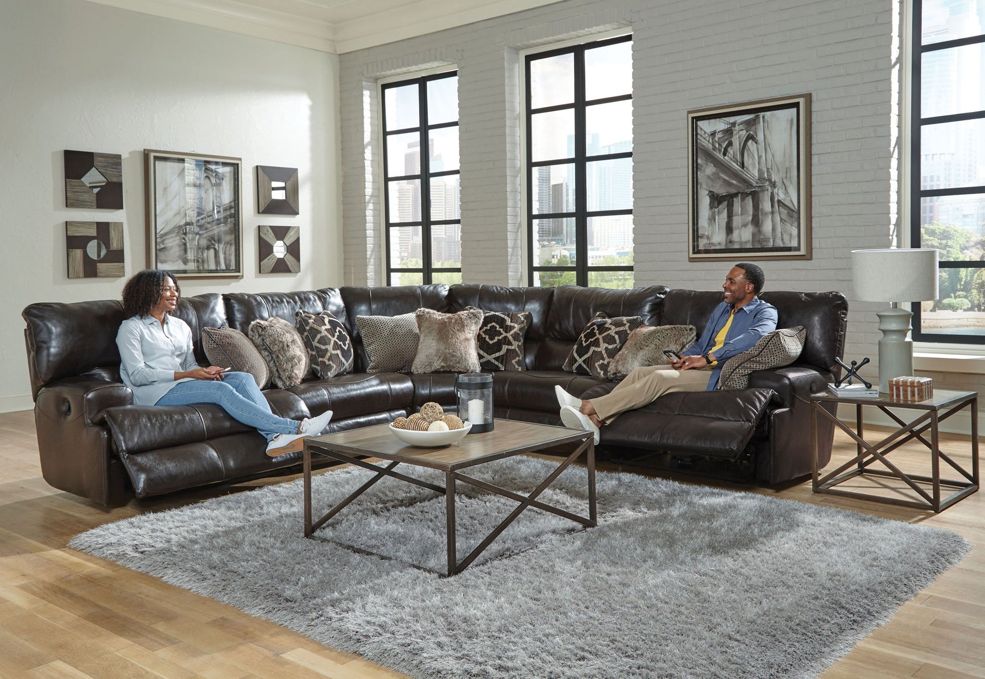 Como - 5 Piece Italian Leather Match Reclining Sectional - Hornell Furniture Outlet