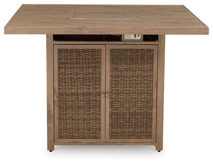 Walton Bridge - Driftwood - 5 Pc. - Square Bar Table W/Fire Pit, 4 Barstools - Hornell Furniture Outlet
