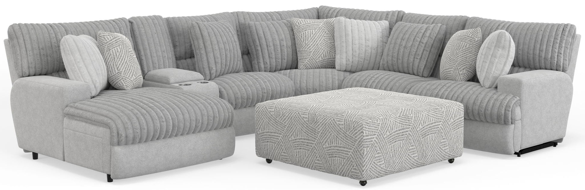 Abraxas - 6 Piece Power Reclining Sectional With Lay - Back Chaise, 2 Reclining Seats, And Included Cocktail Ottoman (LSF Chaise) - Moonstruck - Hornell Furniture Outlet