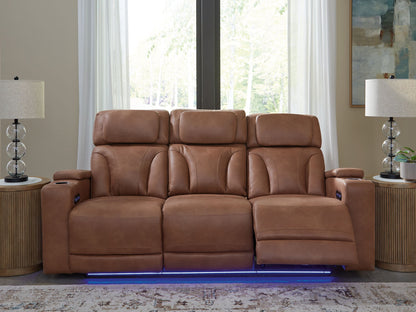 Clean - Slate - Caramel - Power Reclining Sofa / Adj Headrest - Hornell Furniture Outlet