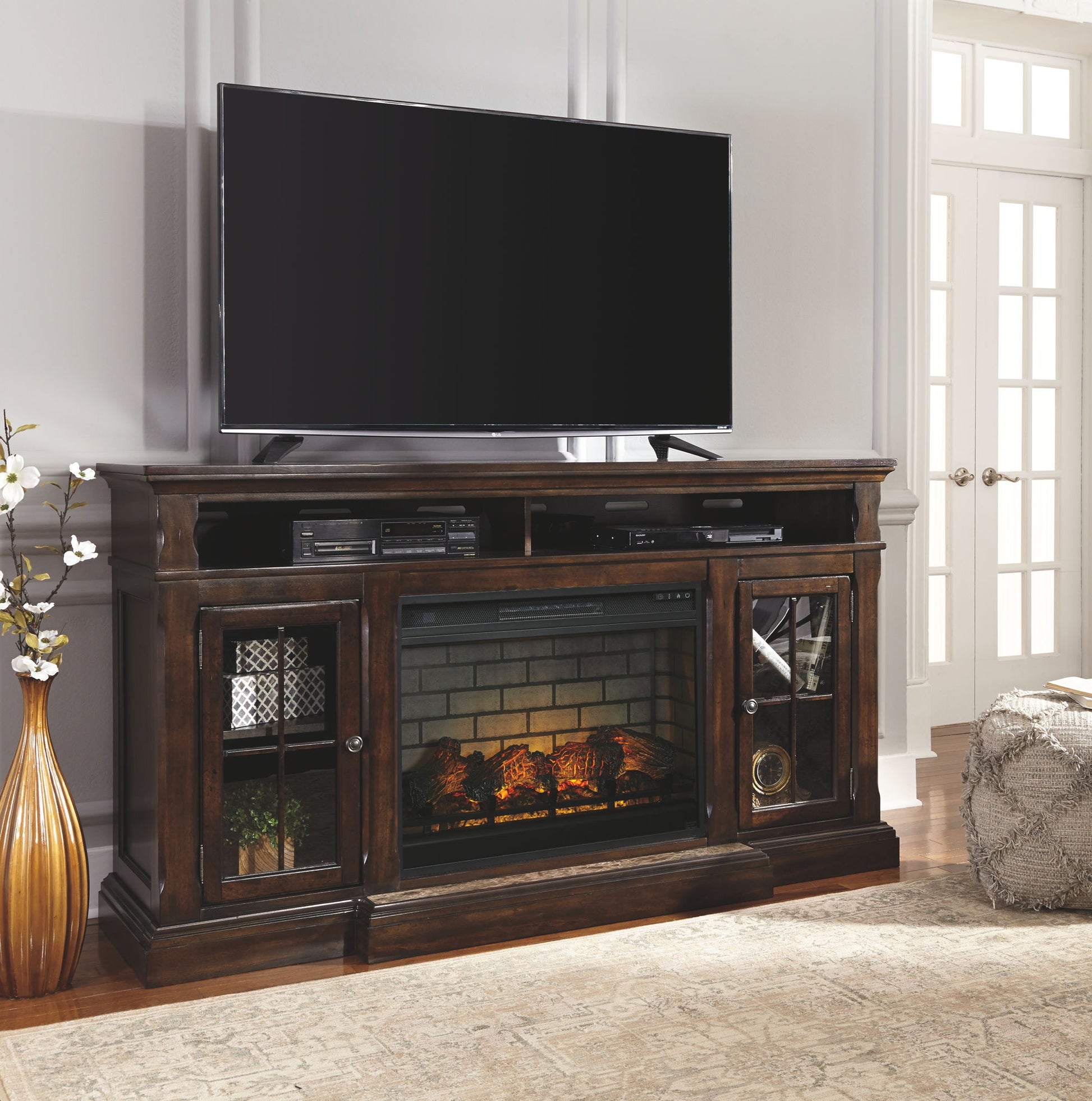 Roddinton - Dark Brown - 2 Pc. - 74" TV Stand with Electric Infrared Fireplace Insert - Hornell Furniture Outlet