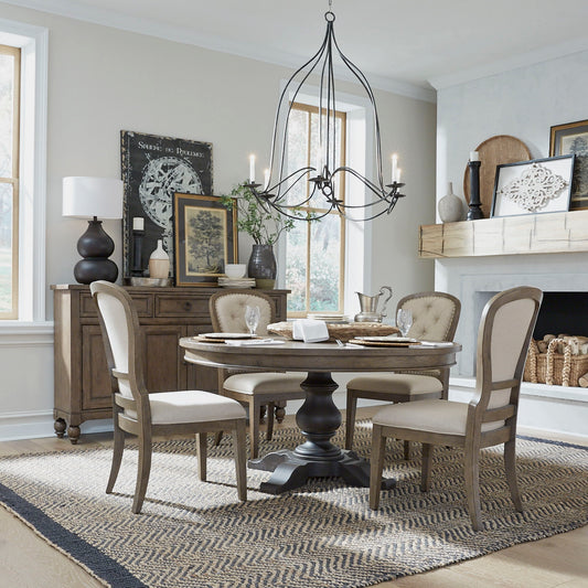 Americana Farmhouse - 5 Piece Pedestal Table Set - Light Brown - Hornell Furniture Outlet