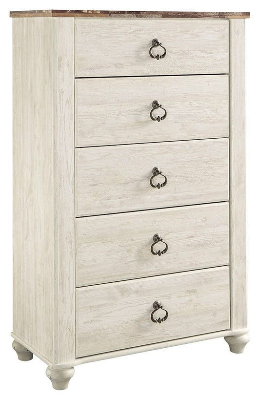 Willowton - Brown / Beige / White - Five Drawer Chest - Hornell Furniture Outlet