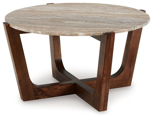 Tanidore - Warm Brown - Round Cocktail Table - Hornell Furniture Outlet