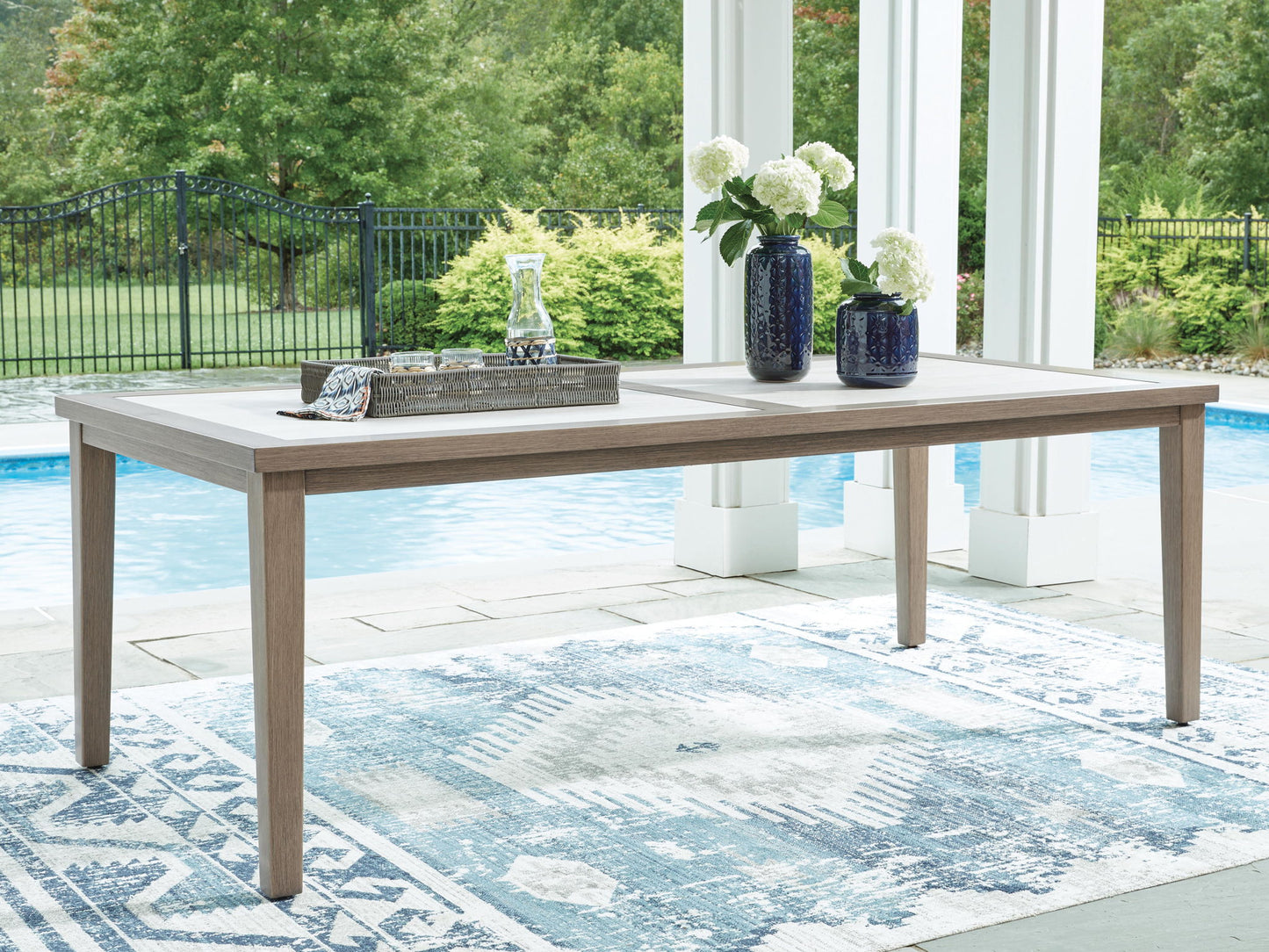Rainier Ranch - Rectangle Dining Table With Umbrella Option - Brown / Beige - Hornell Furniture Outlet