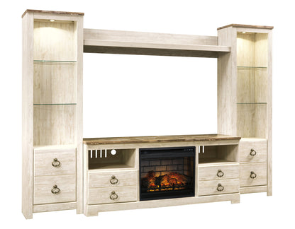 Willowton - Whitewash - Entertainment Center - TV Stand With Faux Firebrick Fireplace Insert - Hornell Furniture Outlet