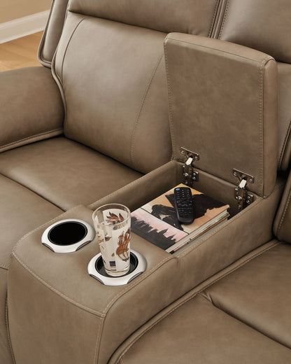 Glencroft - Power Reclining Loveseat With Console / Adjustable Headrest - Sahara - Hornell Furniture Outlet