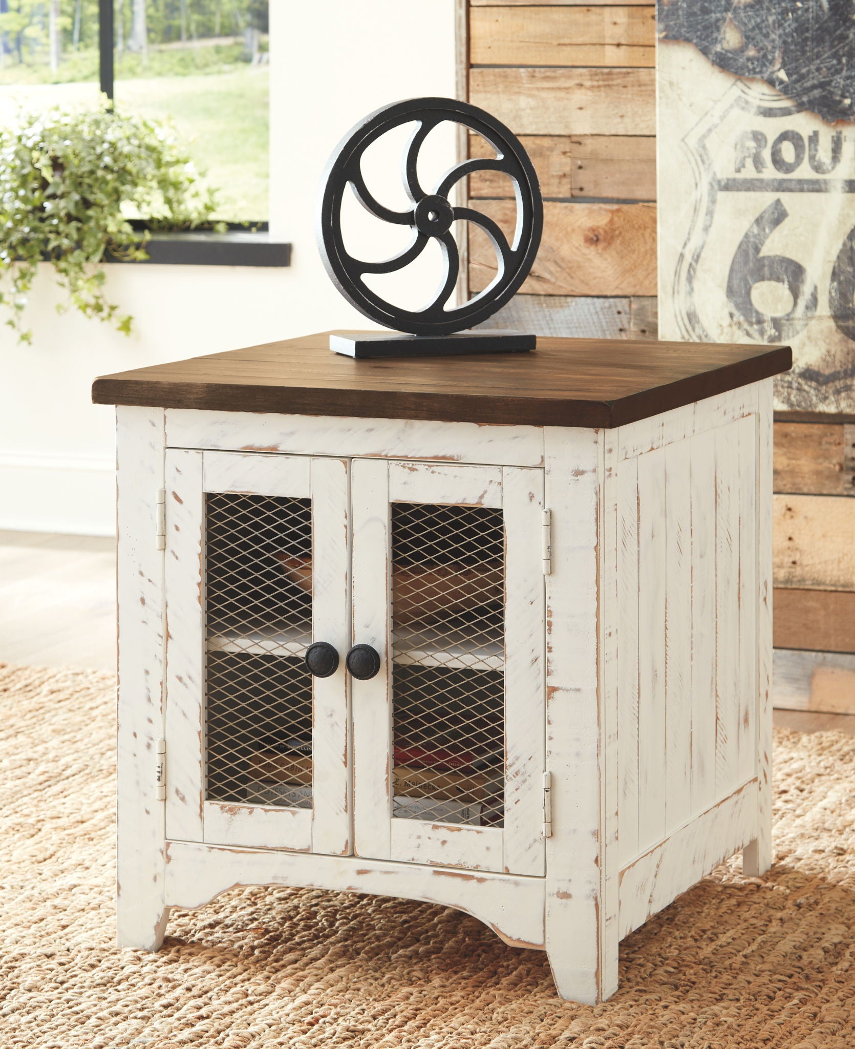 Wystfield - White / Brown - Rectangular End Table - 2 Doors - Hornell Furniture Outlet