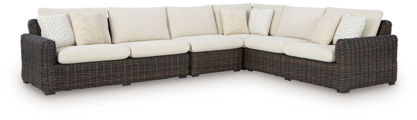 Kimora - 7 Pc. - 4 - Piece Outdoor Sectional, Swivel Glider Lounge, Cocktail Table, End Table - Beige / Dark Brown - Hornell Furniture Outlet