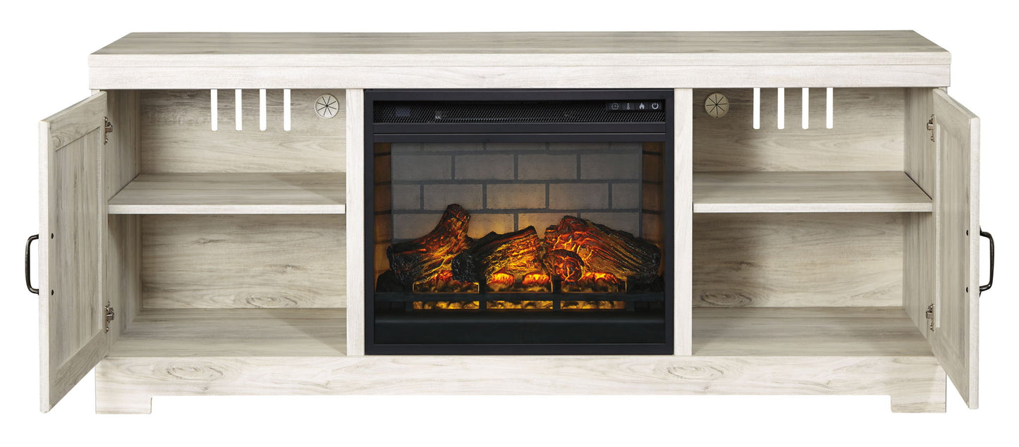 Bellaby - Whitewash - 63" TV Stand With Faux Firebrick Fireplace Insert - Hornell Furniture Outlet