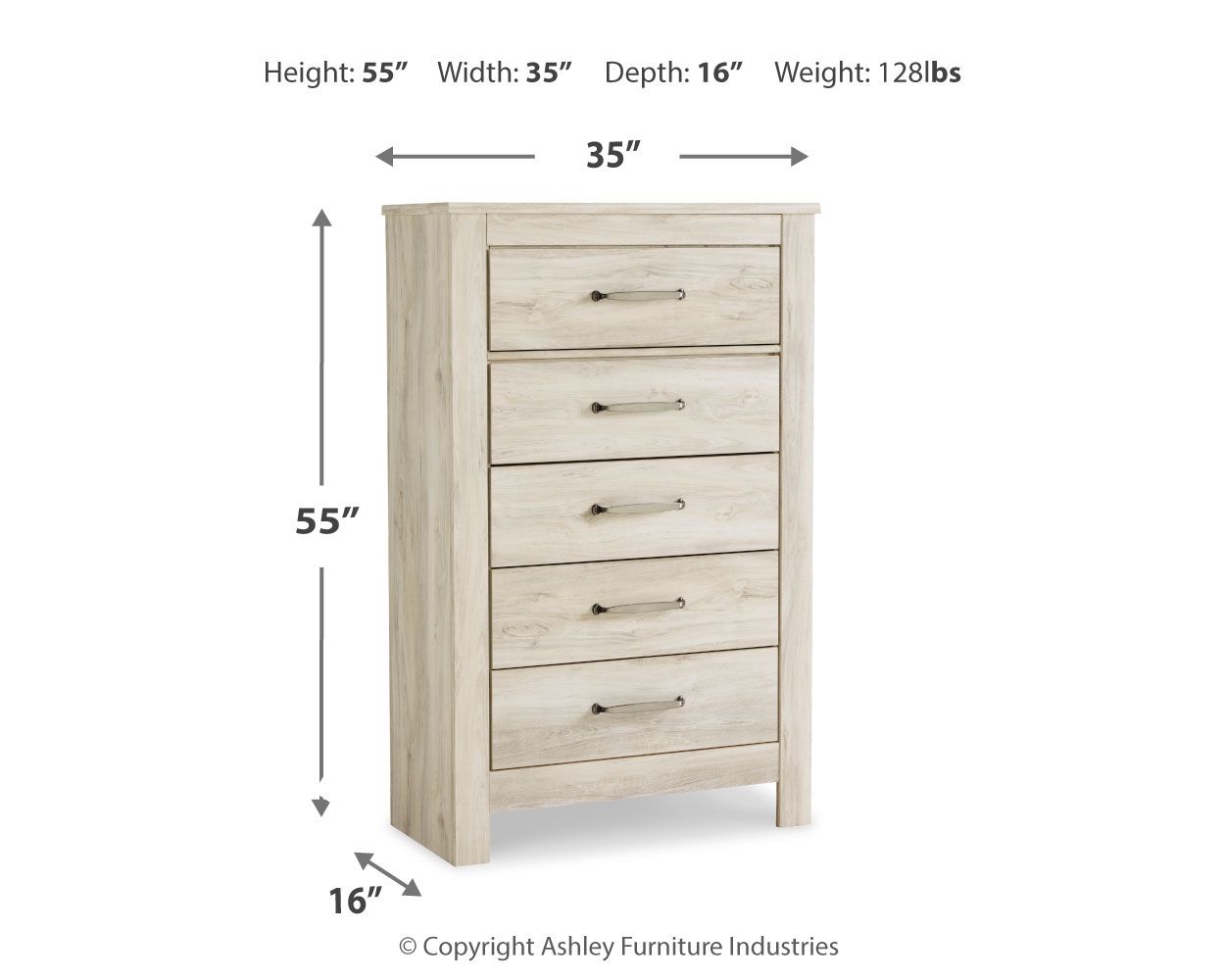 Bellaby - Five Drawer Chest - Whitewash - Hornell Furniture Outlet